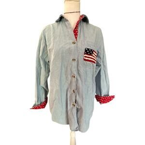 VINTAGE x Women 90s  Chambray Button Down Crochet Flag Patch America Size Small